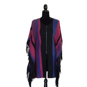 BCBGMAXAZRIA Striped Fringe Poncho Cape Wool Cashmere Blend, XXS/XS
